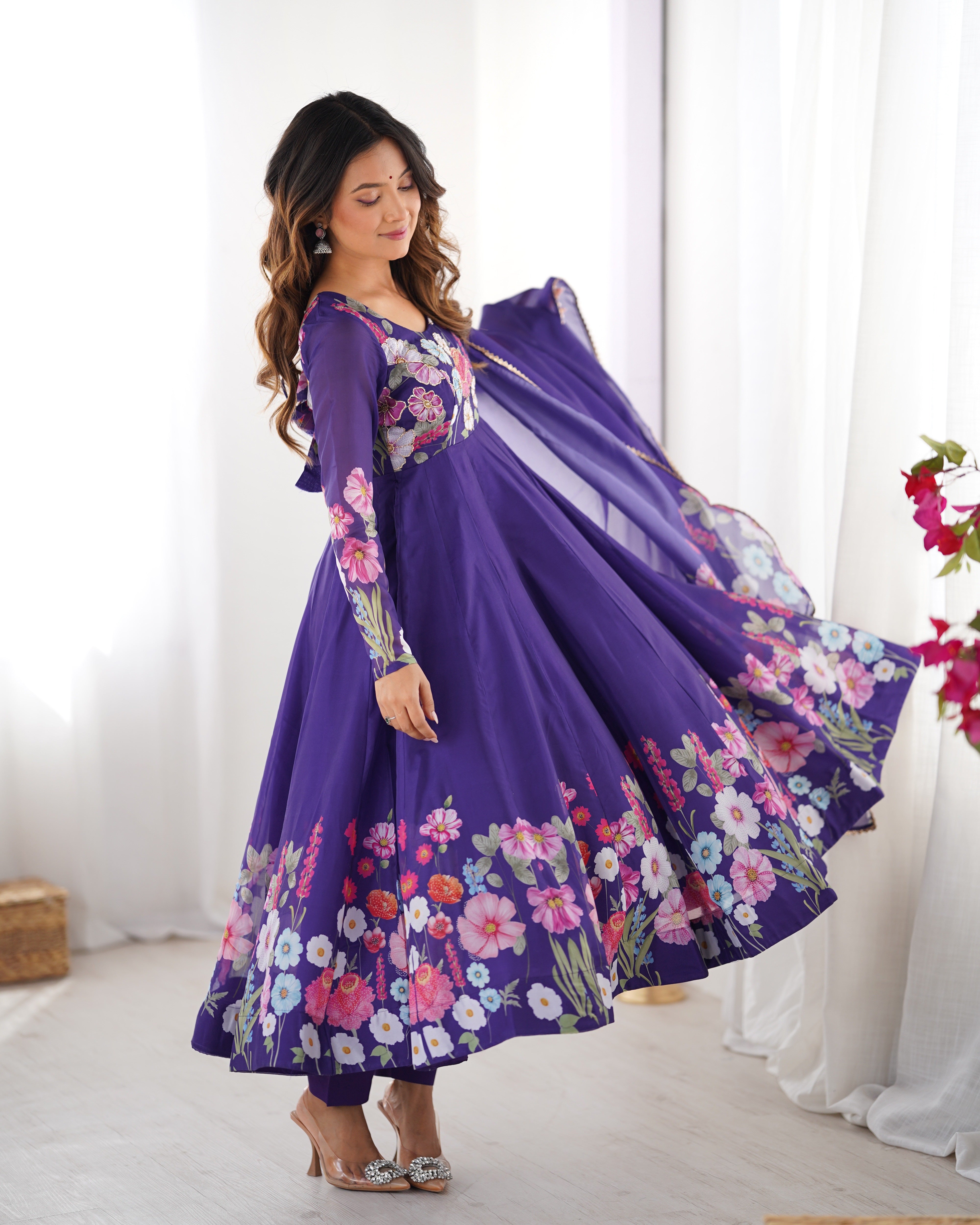 Blue Color Organza Silk Kurta with Handwork Anarkali Suit