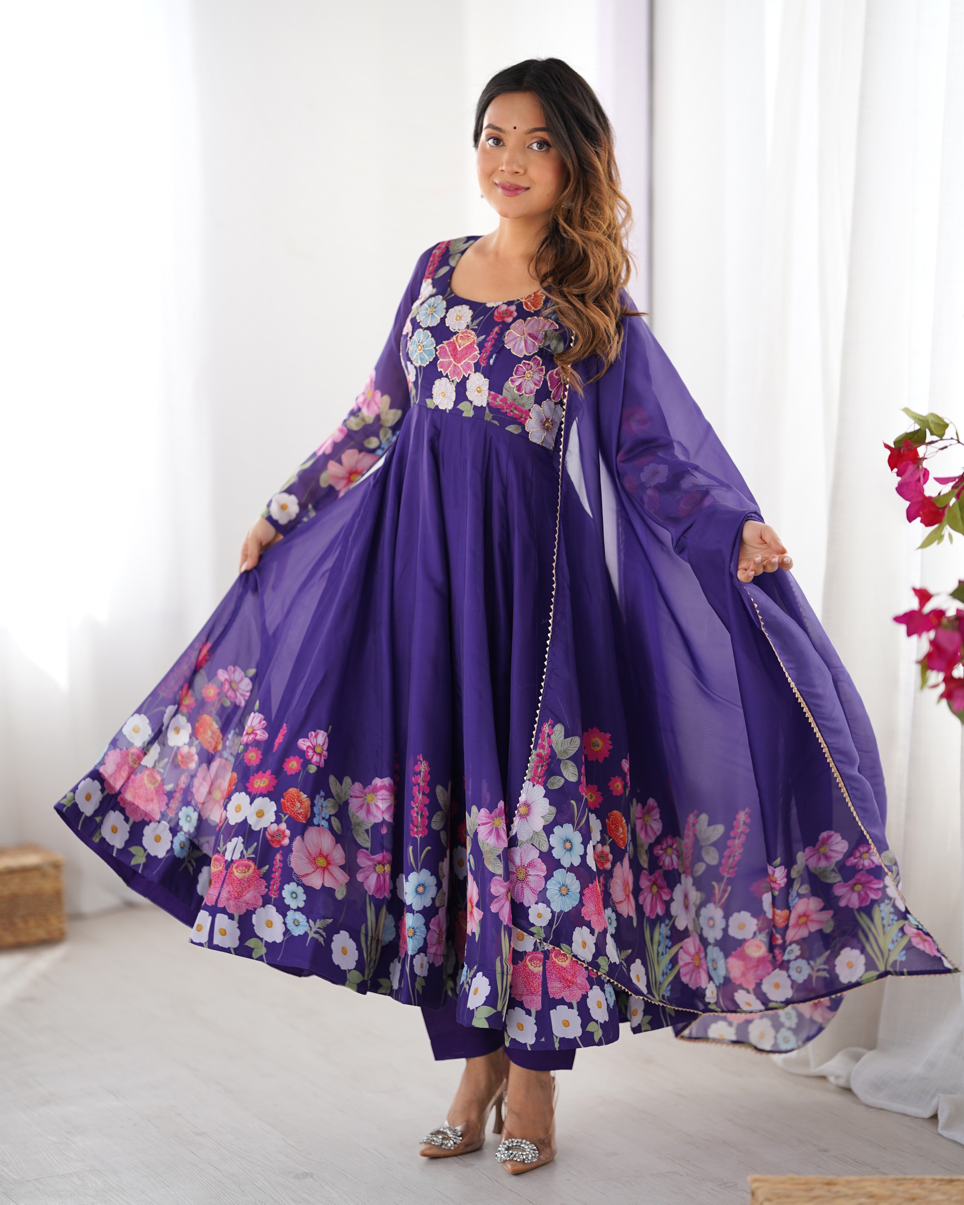 Blue Color Organza Silk Kurta with Handwork Anarkali Suit