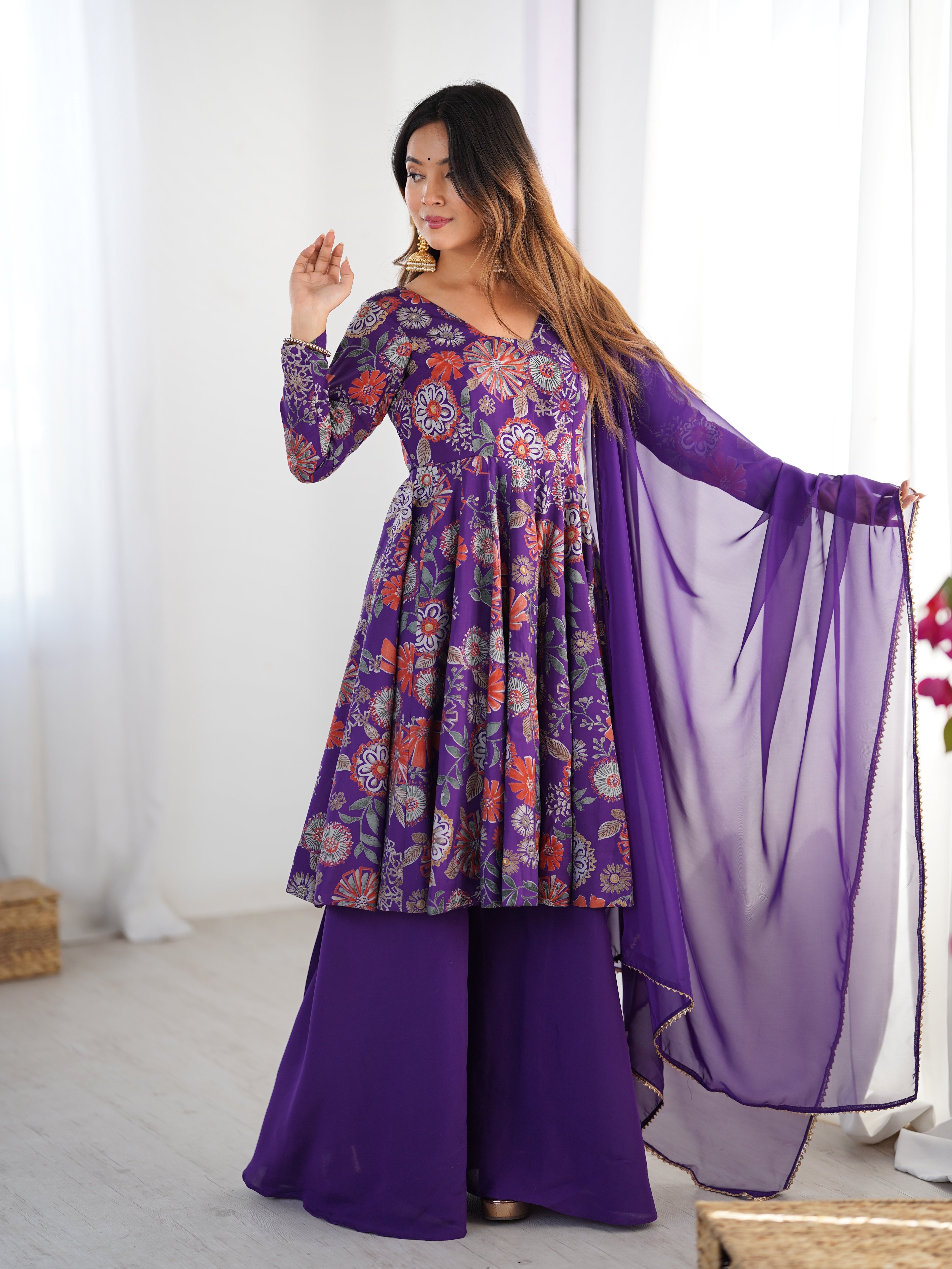 Purple Color Heavy Pure Roman Silk Kediya Kurta Set with Plazzo And Dupatta Set