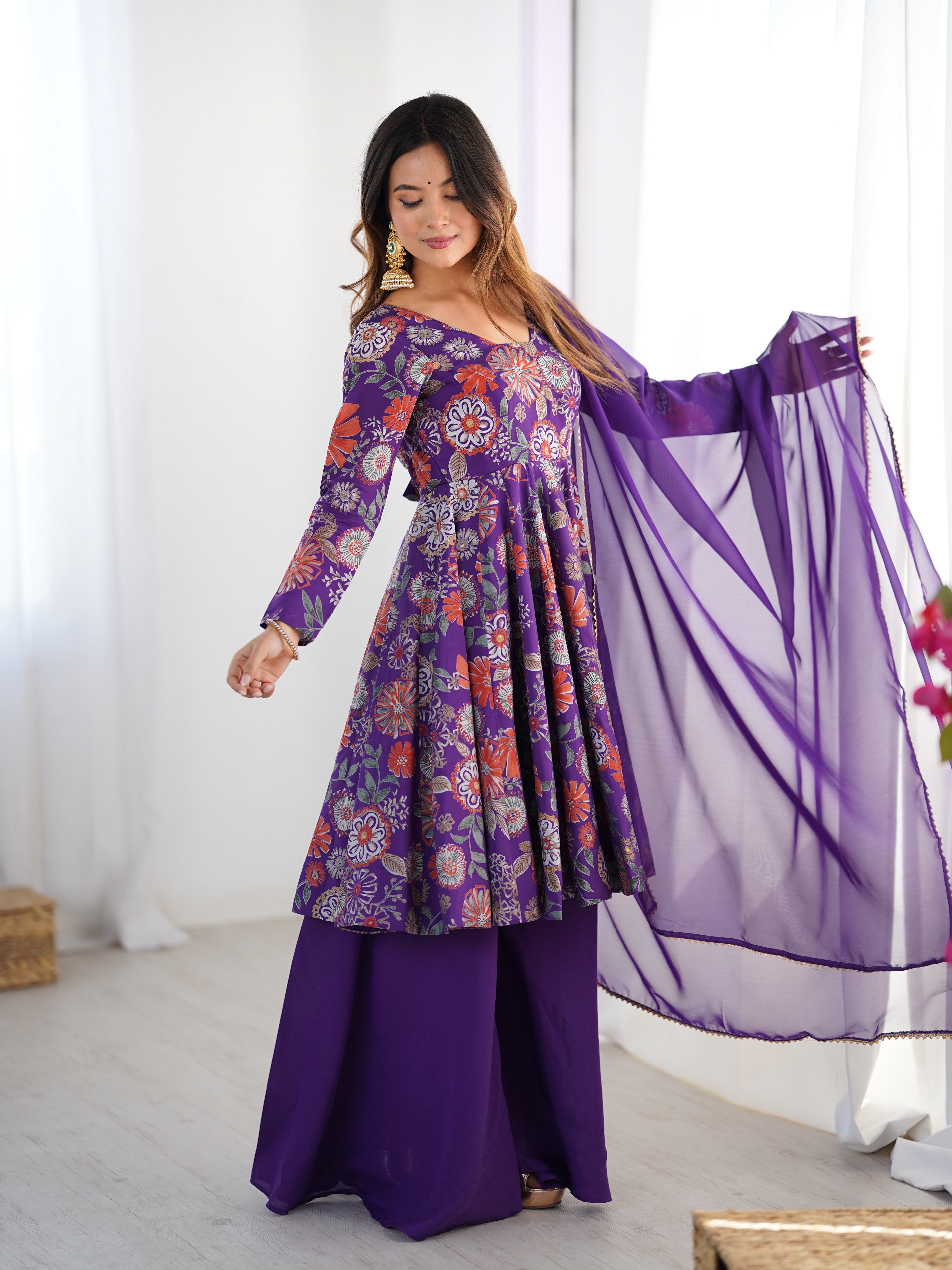 Purple Color Heavy Pure Roman Silk Kediya Kurta Set with Plazzo And Dupatta Set