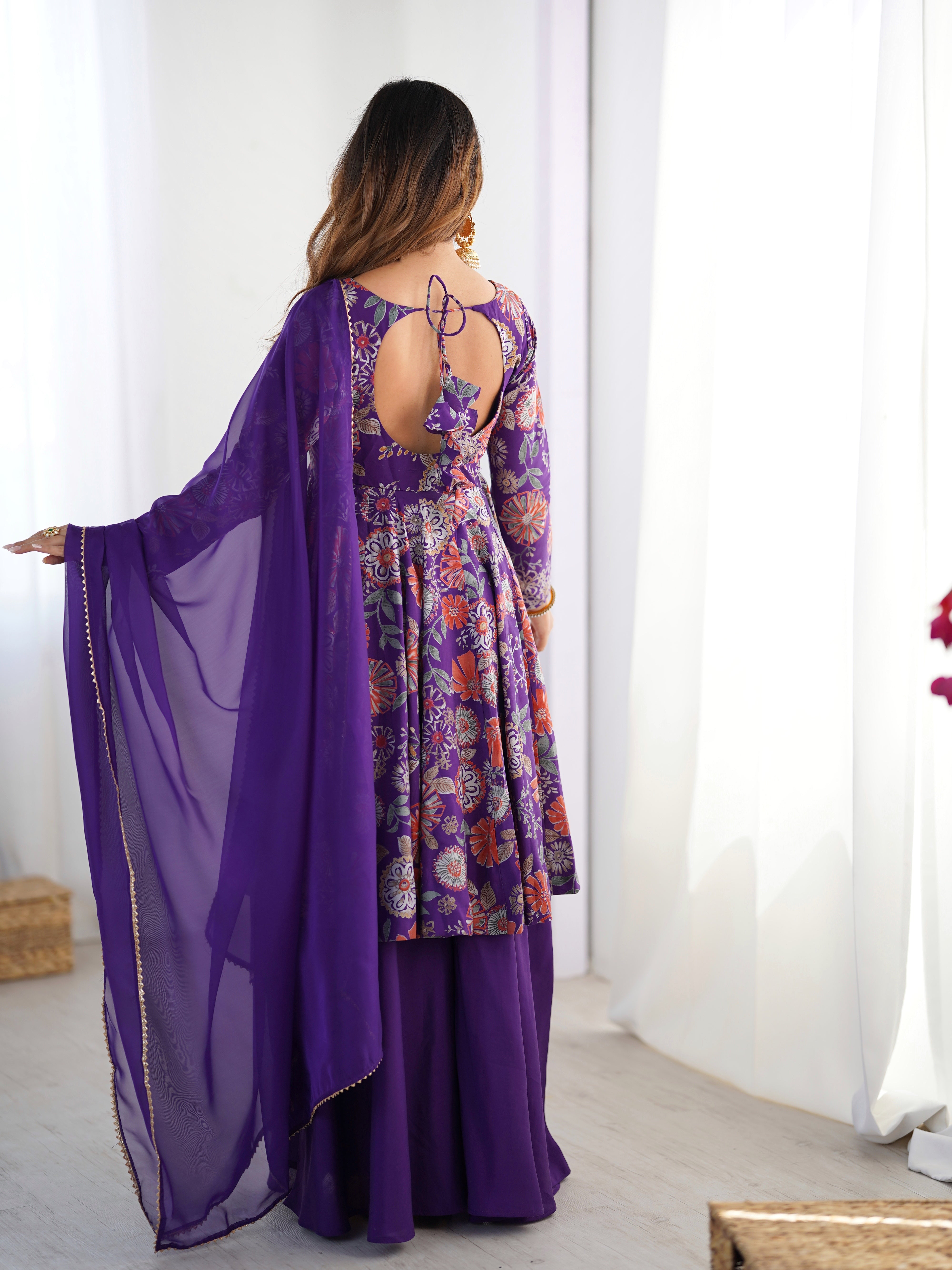 Purple Color Heavy Pure Roman Silk Kediya Kurta Set with Plazzo And Dupatta Set
