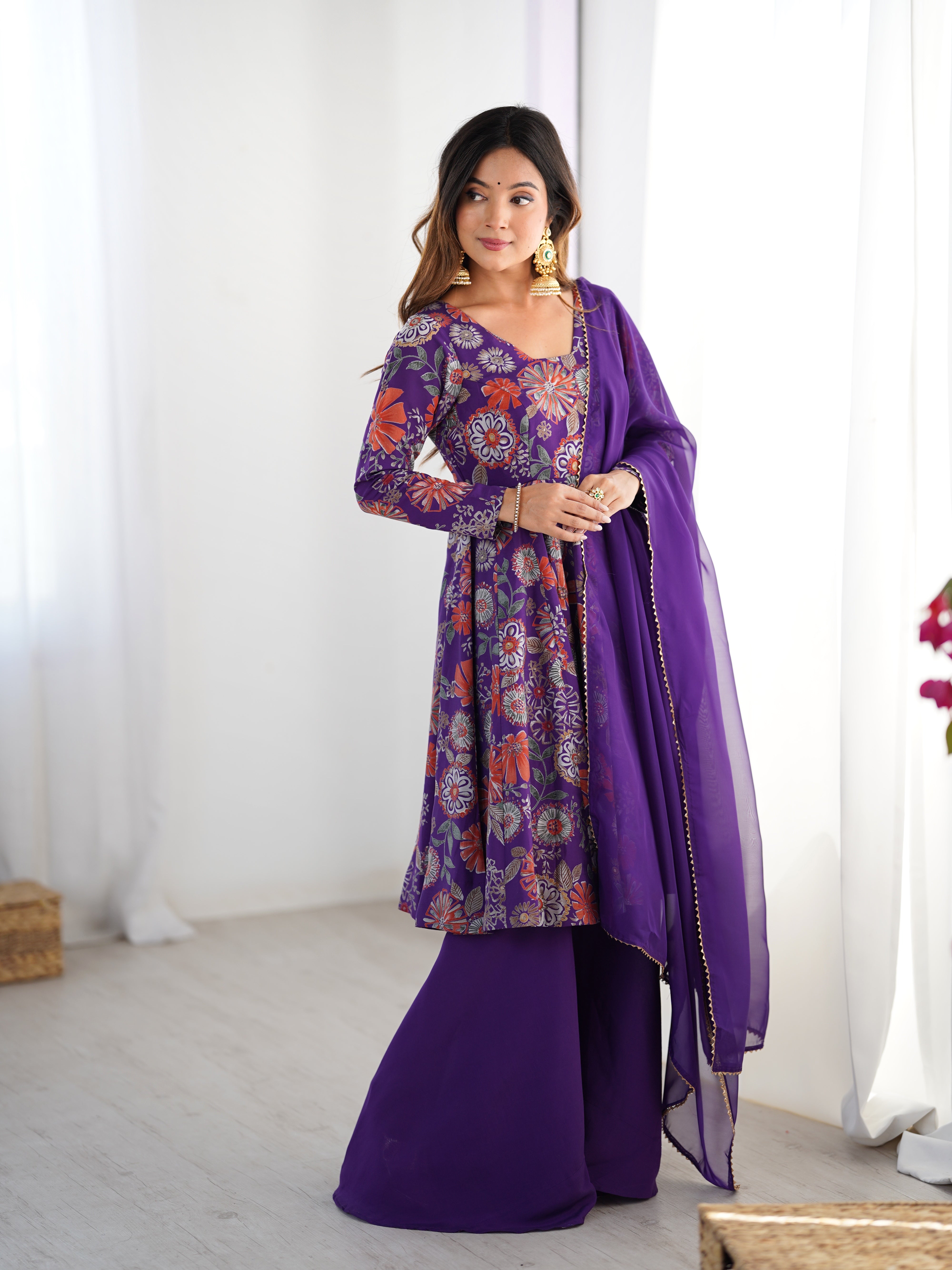 Purple Color Heavy Pure Roman Silk Kediya Kurta Set with Plazzo And Dupatta Set
