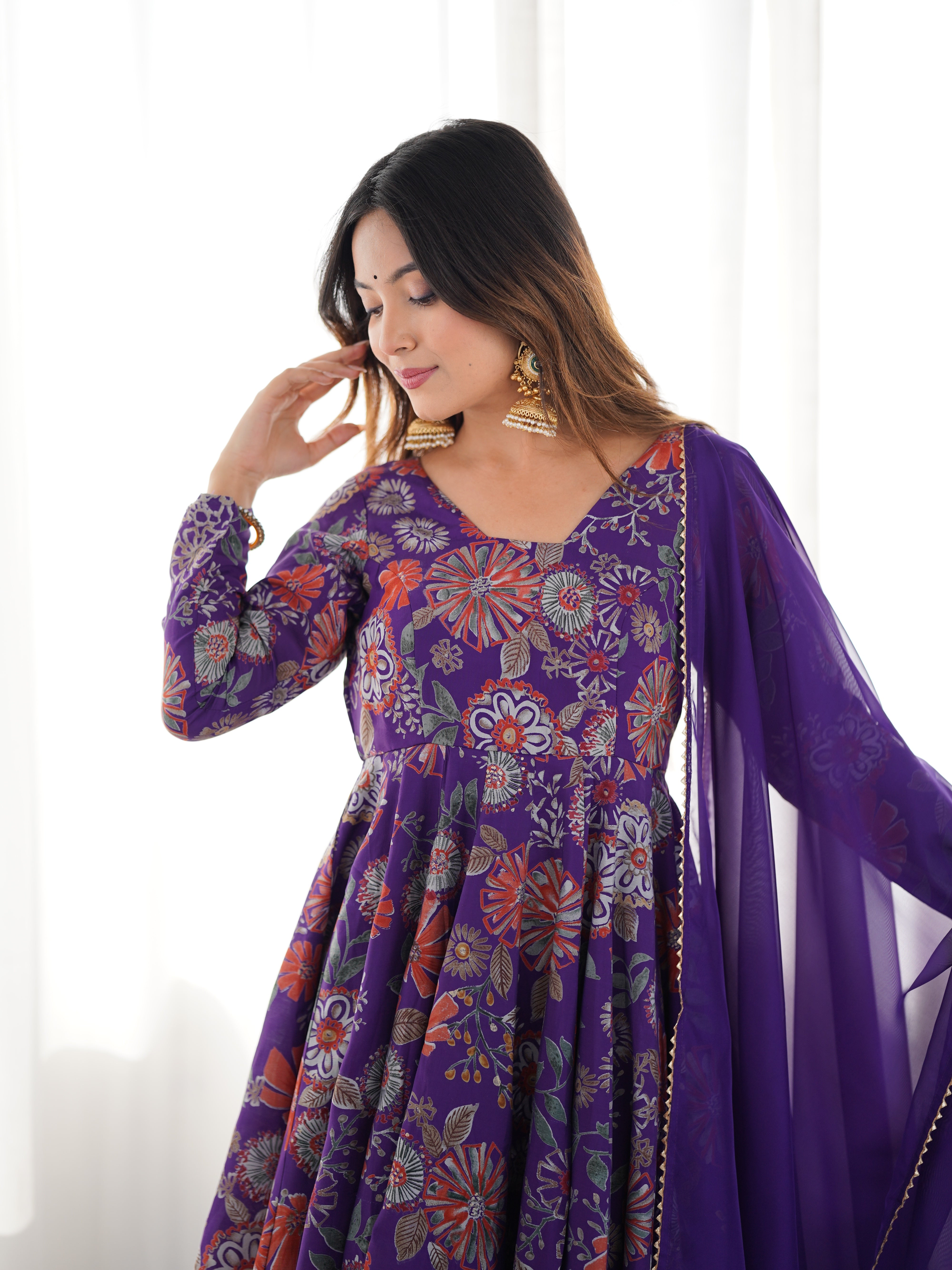 Purple Color Heavy Pure Roman Silk Kediya Kurta Set with Plazzo And Dupatta Set