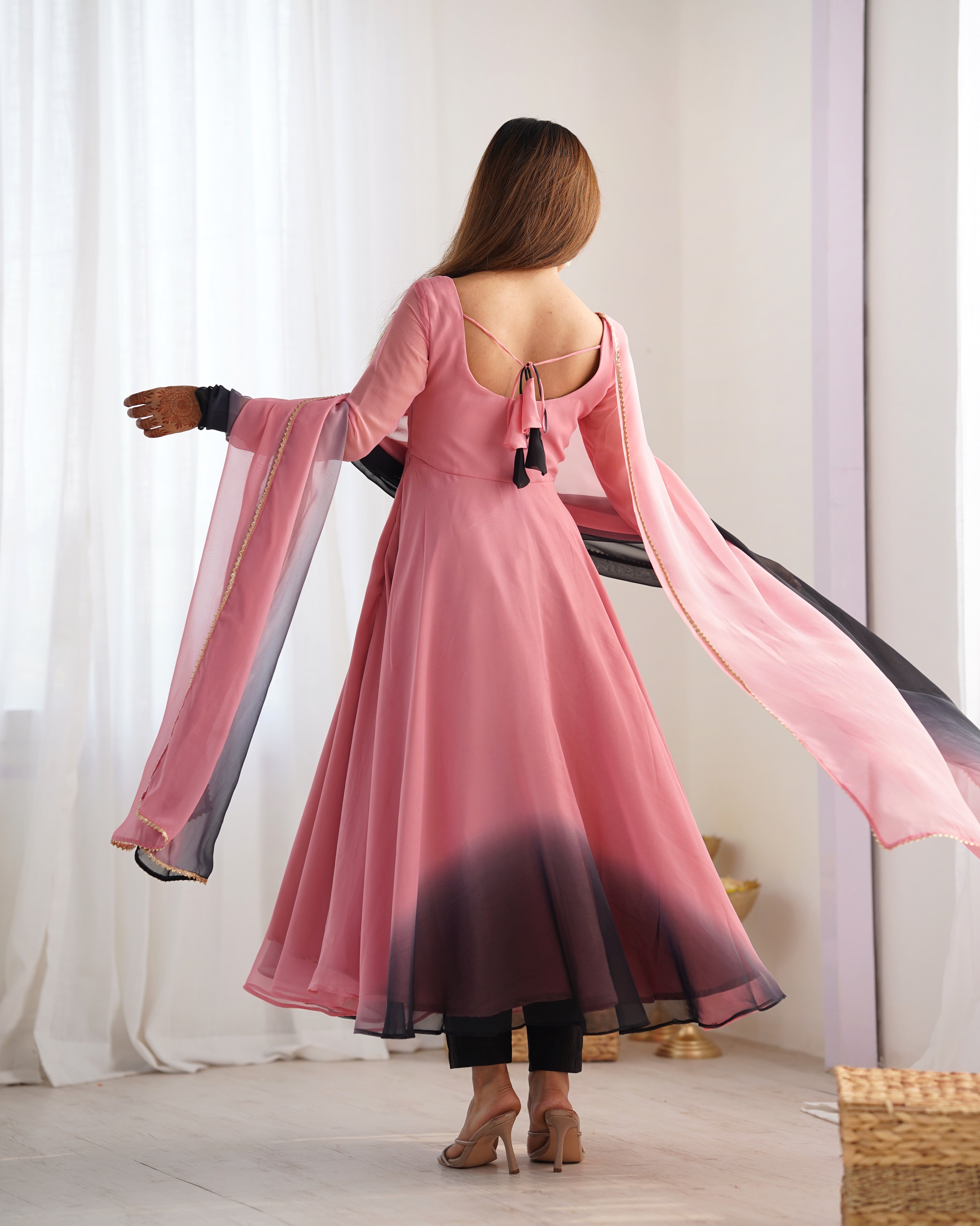 New Partywear Fox Georgette Anarkali Set with Colorful Padding and Lace Dupatta