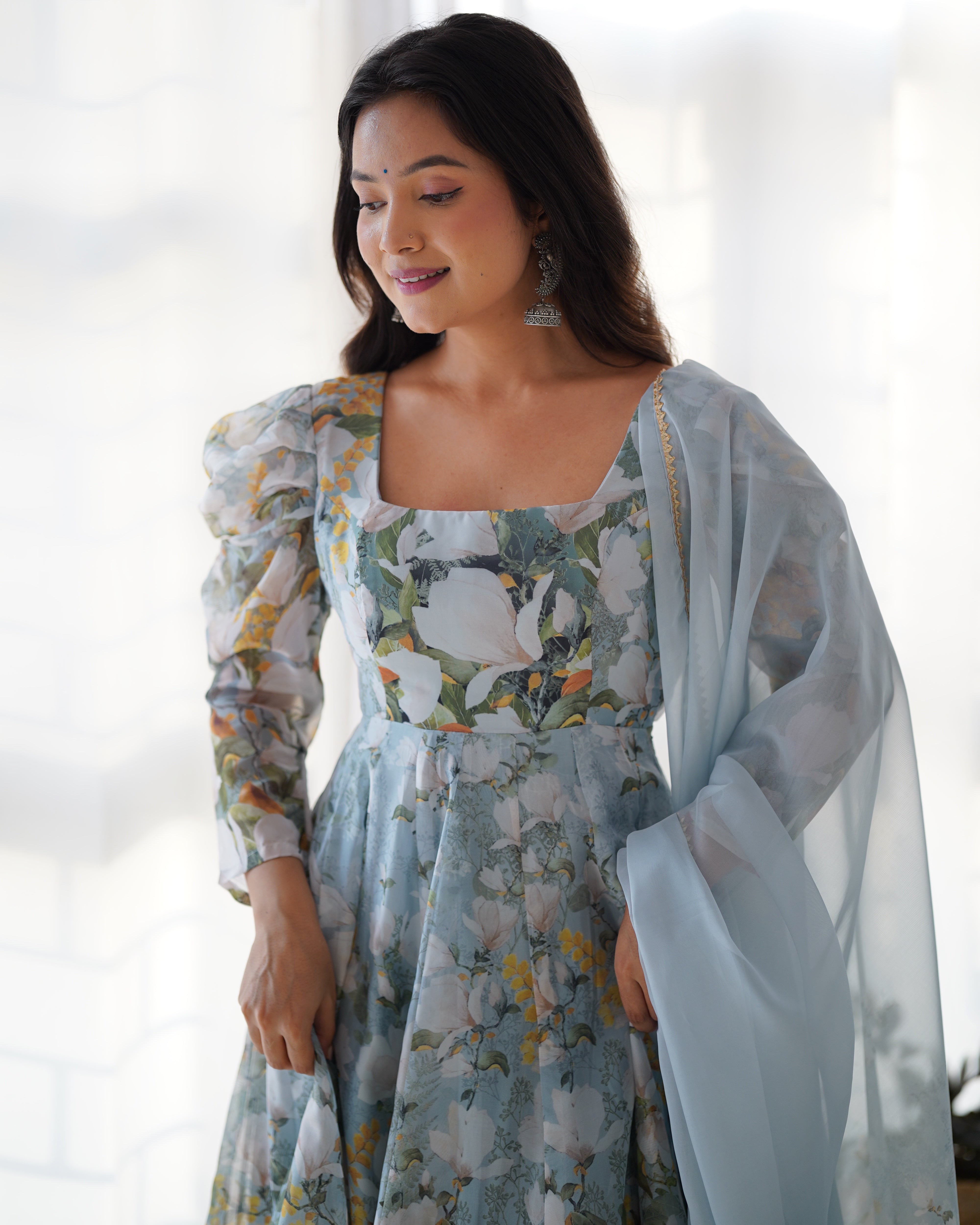 New Designer Floral Organza Silk Anarkali Set with Gota Patti Dupatta