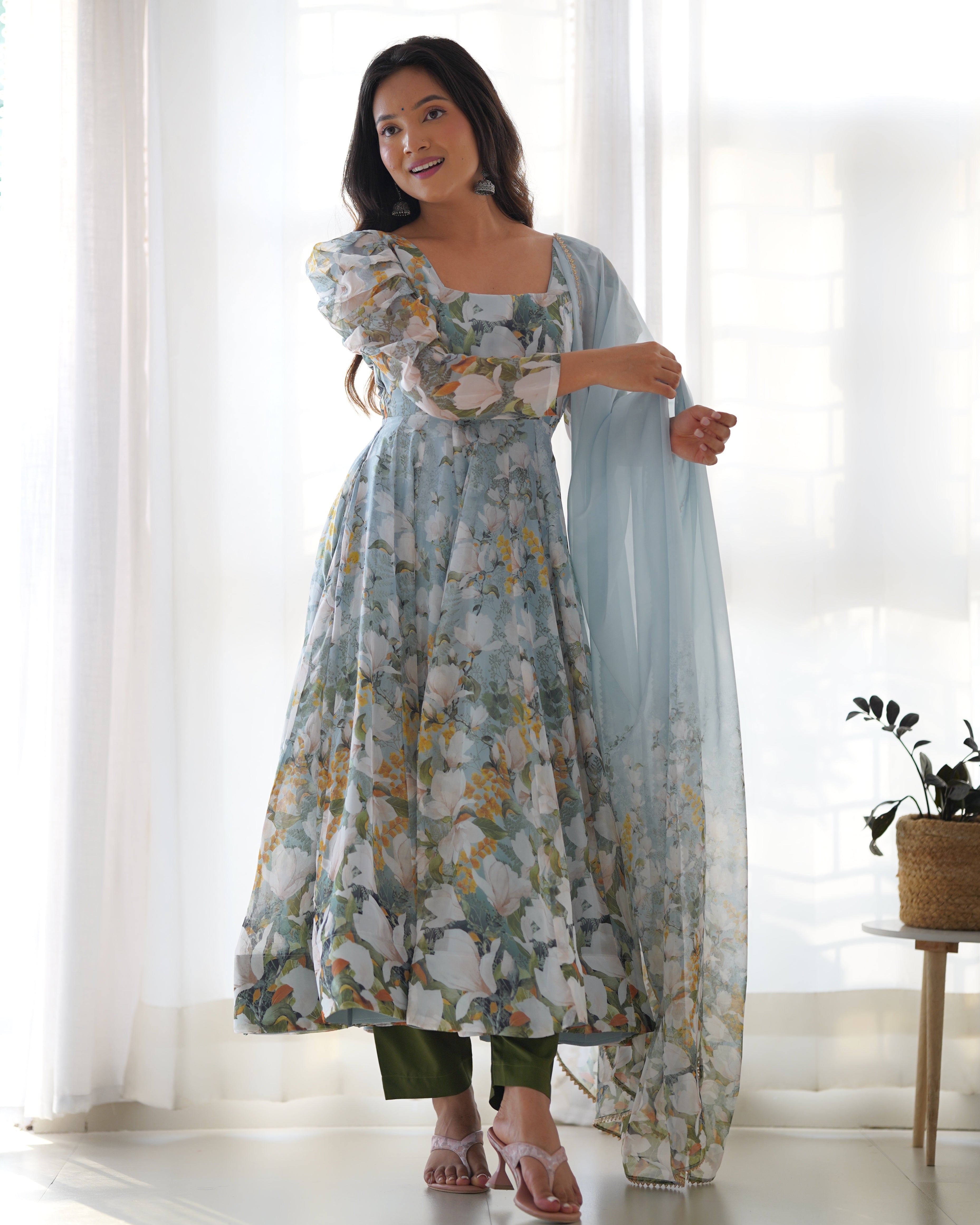New Designer Floral Organza Silk Anarkali Set with Gota Patti Dupatta