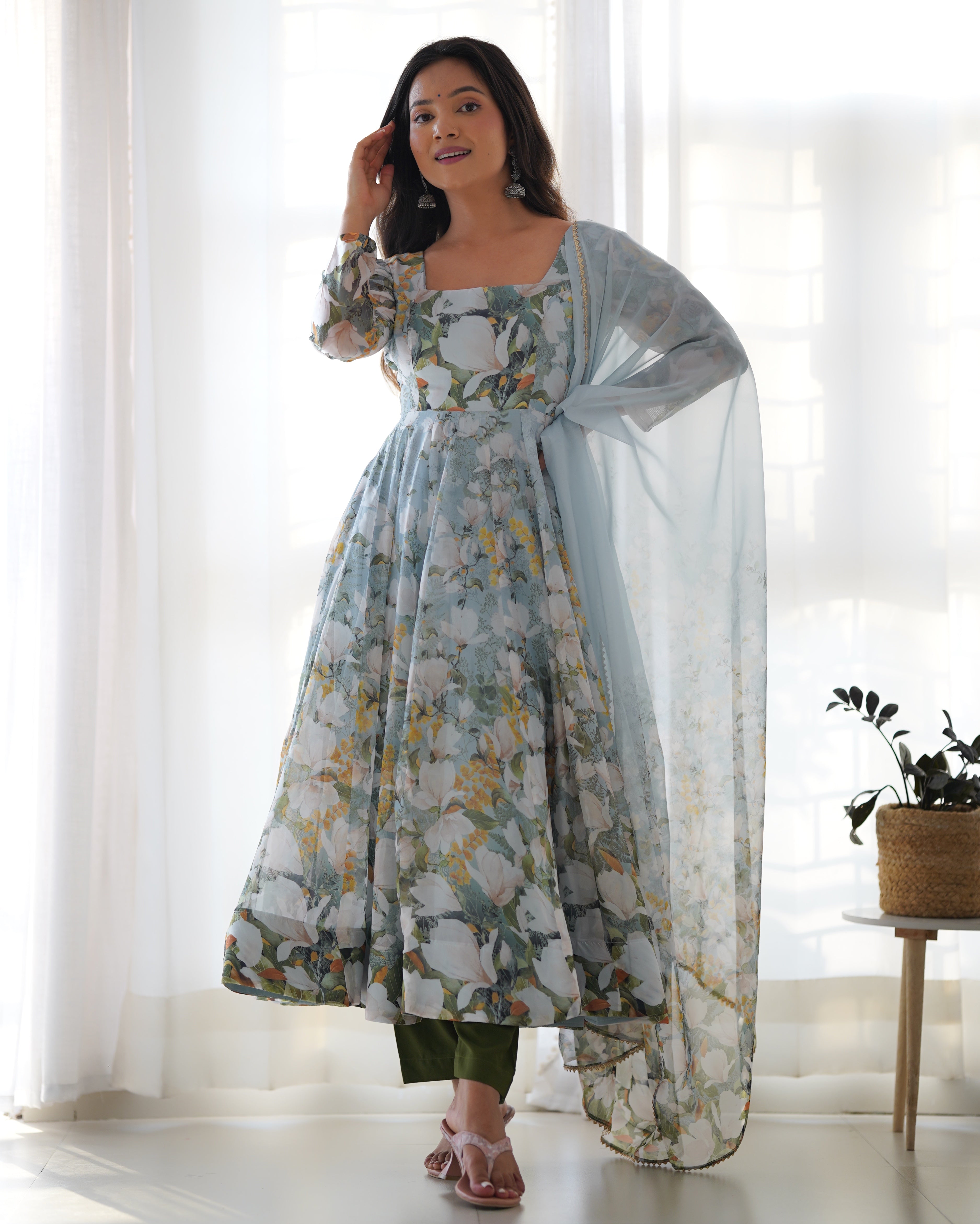 New Designer Floral Organza Silk Anarkali Set with Gota Patti Dupatta