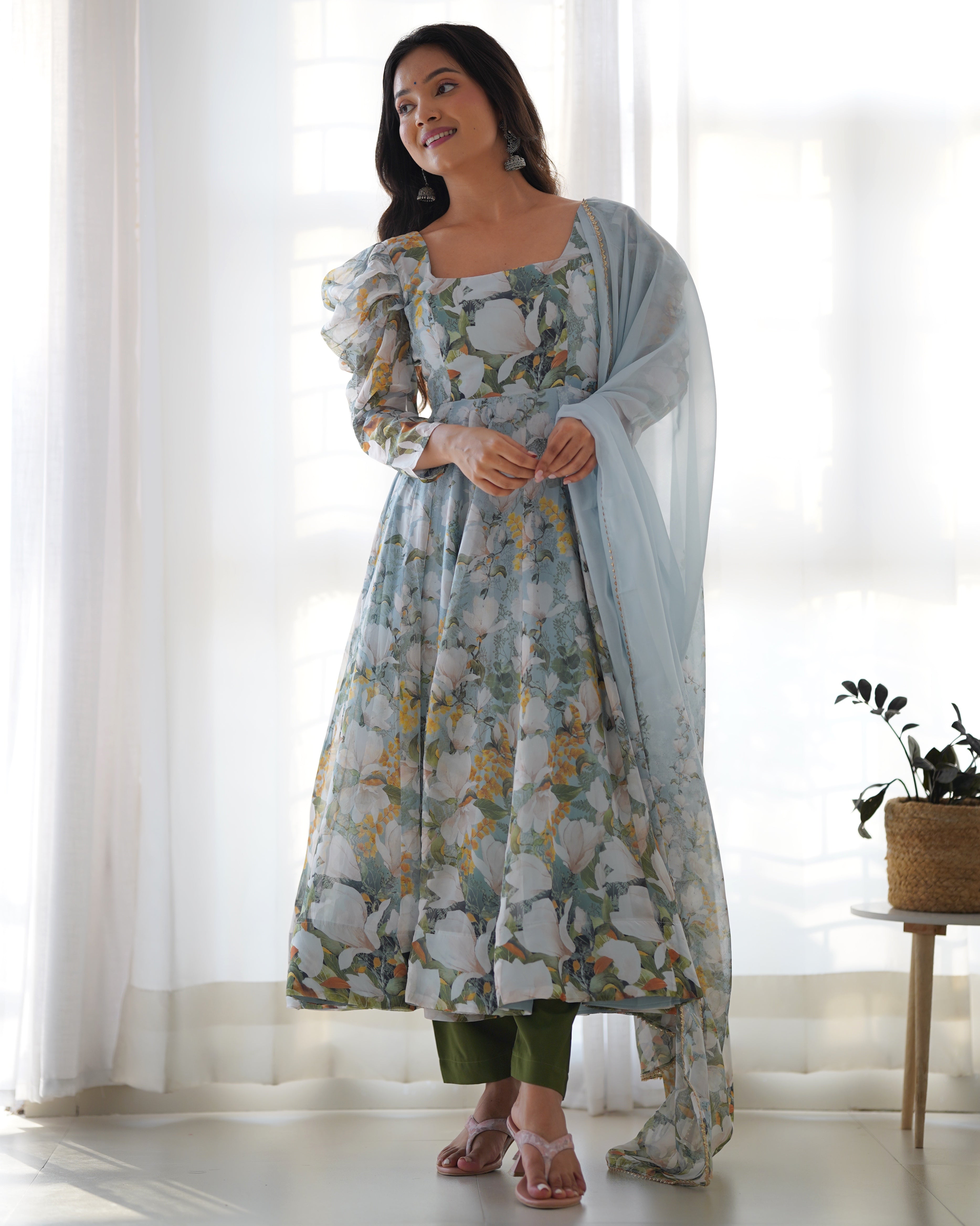 New Designer Floral Organza Silk Anarkali Set with Gota Patti Dupatta