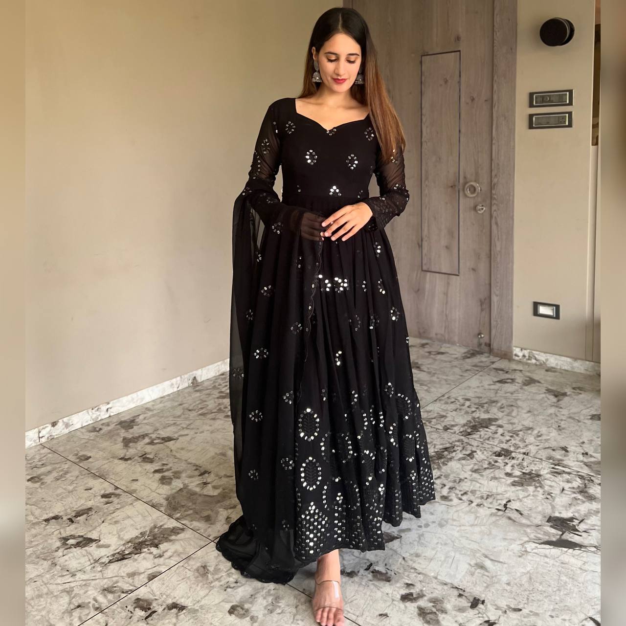 Black Designer Anarkali Suit Set-Full Stiched