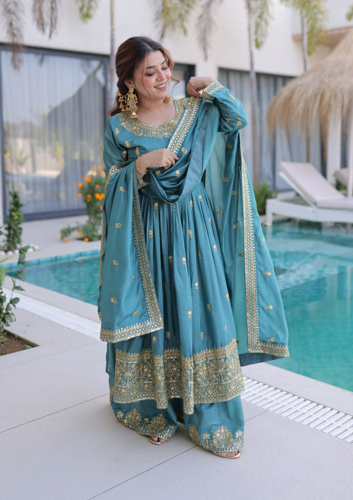 Premium Super Silk Sequin Embroidered Top Sharara Set with Dupatta