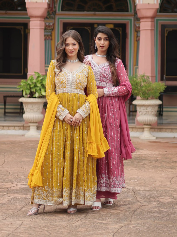 Premium Faux Georgette Sequin Embroidered Kurti Palazzo Set with Dupatta