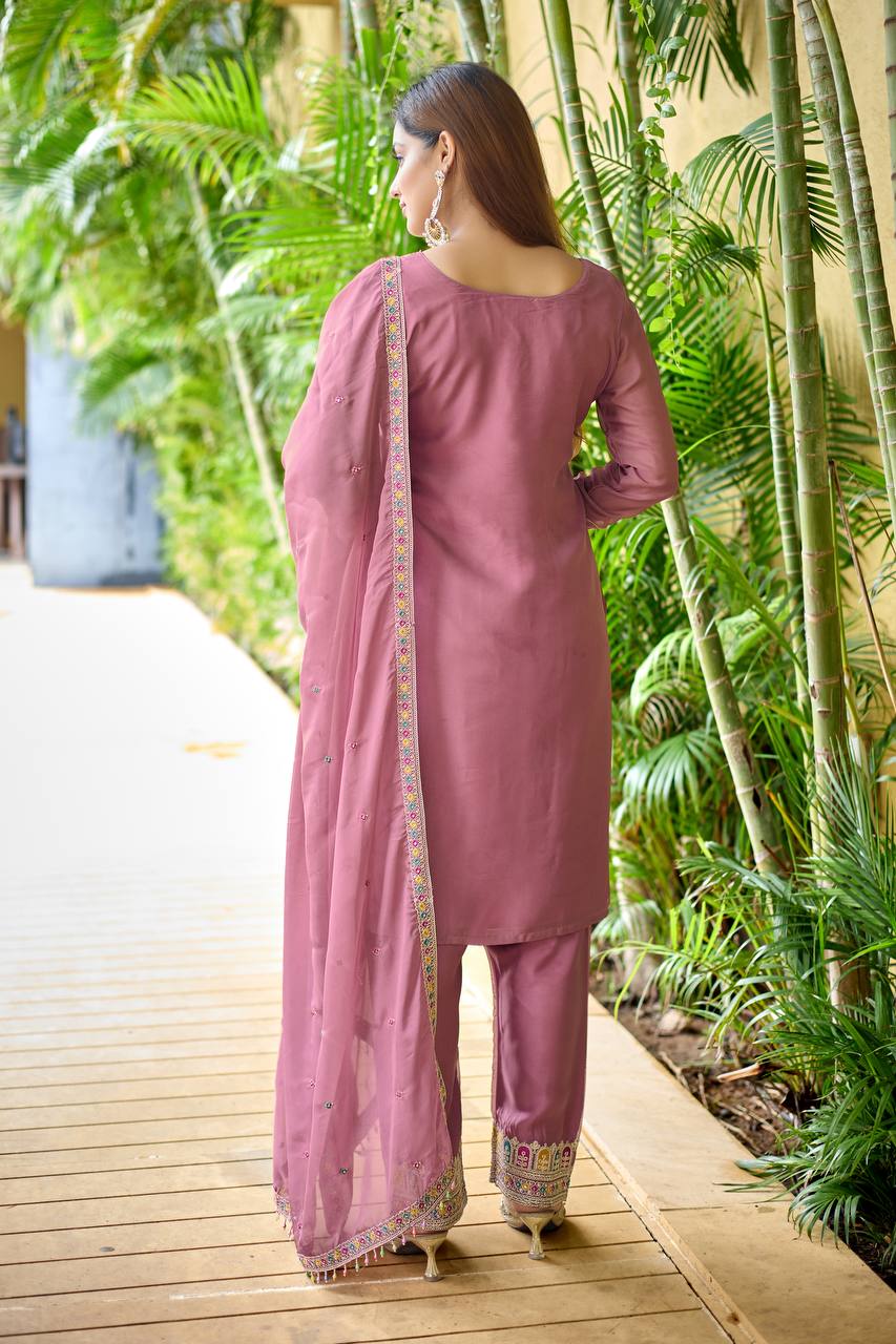 Pink Color New Partywear Organza Silk Codding Work Kurta With Pant And Dupatta Set