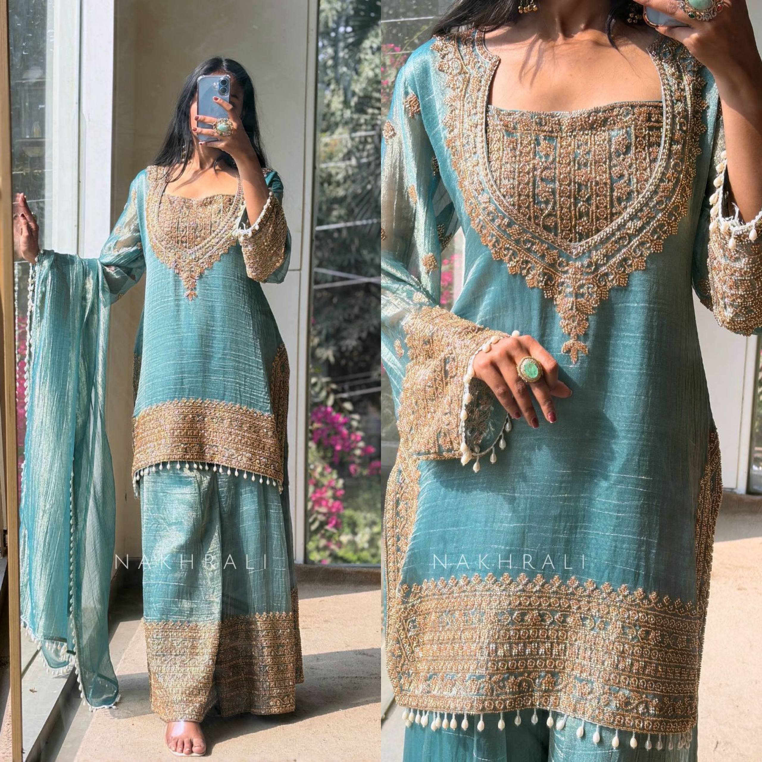 Premium Heavy Embroidered Frendy Silk Top-Bottom-Dupatta Set