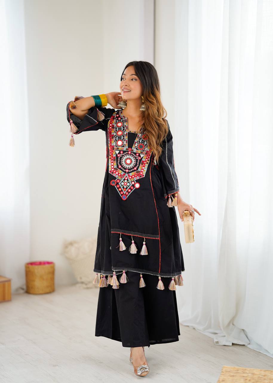 Black Color Pure Khadi Cotton Kurta With Pant Set