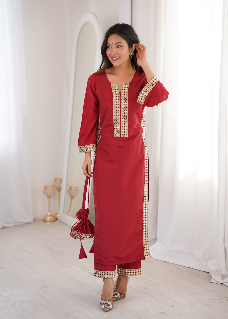 Designer Mirror Work Kurti Set with Matching Batwa