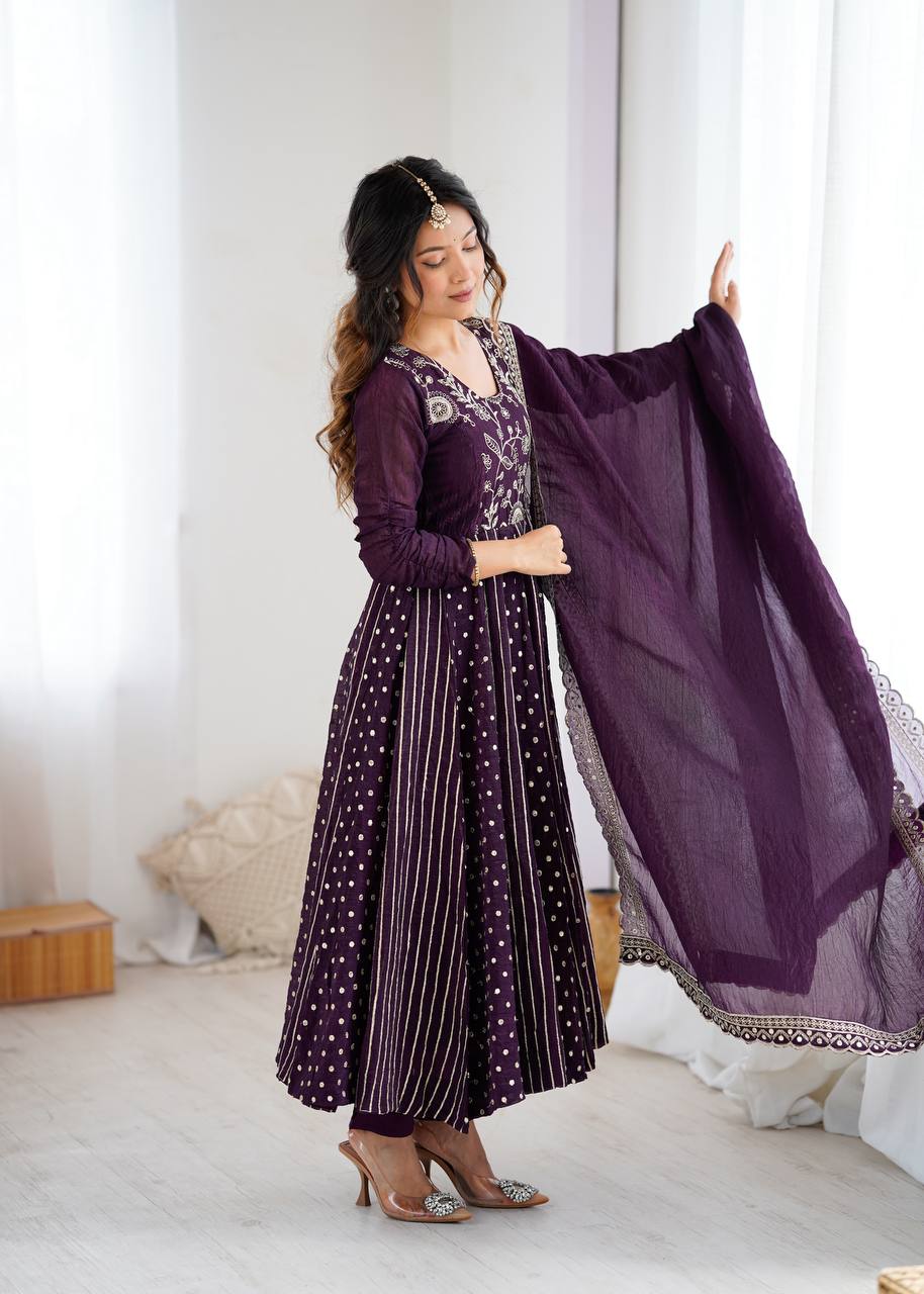 New Partywear Premium Crunchy Silk with a full Flair Anarkali Kurta Set