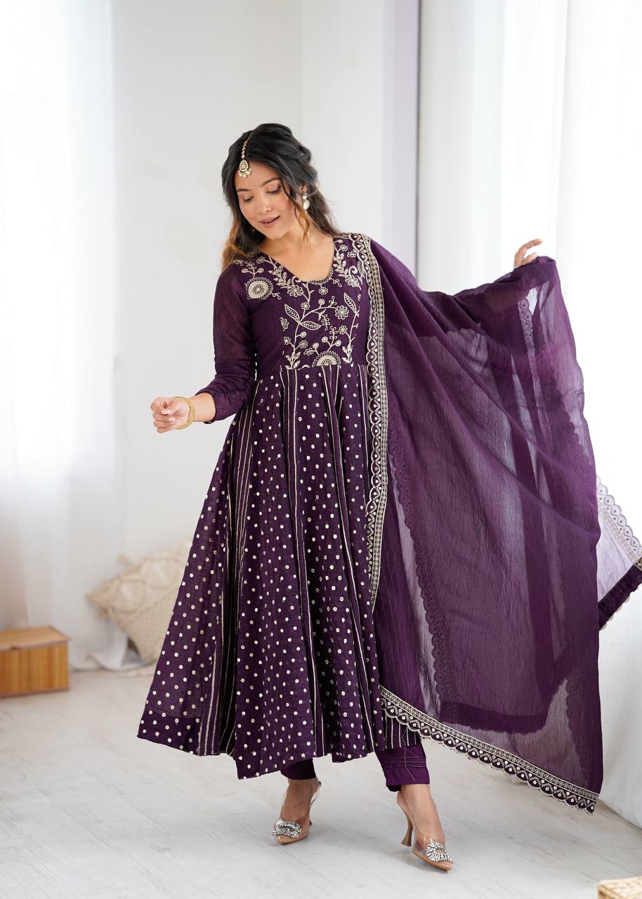 New Partywear Premium Crunchy Silk with a full Flair Anarkali Kurta Set