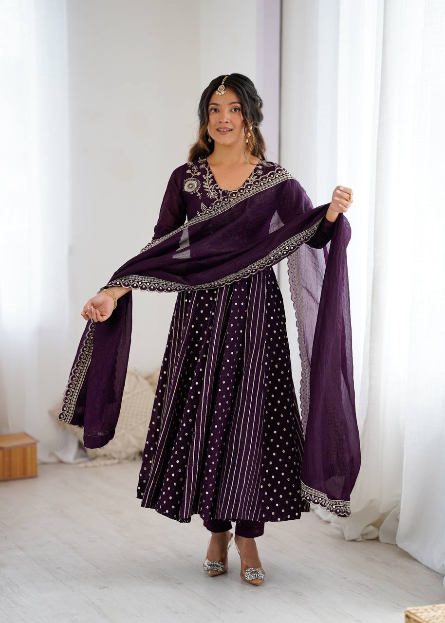 New Partywear Premium Crunchy Silk with a full Flair Anarkali Kurta Set