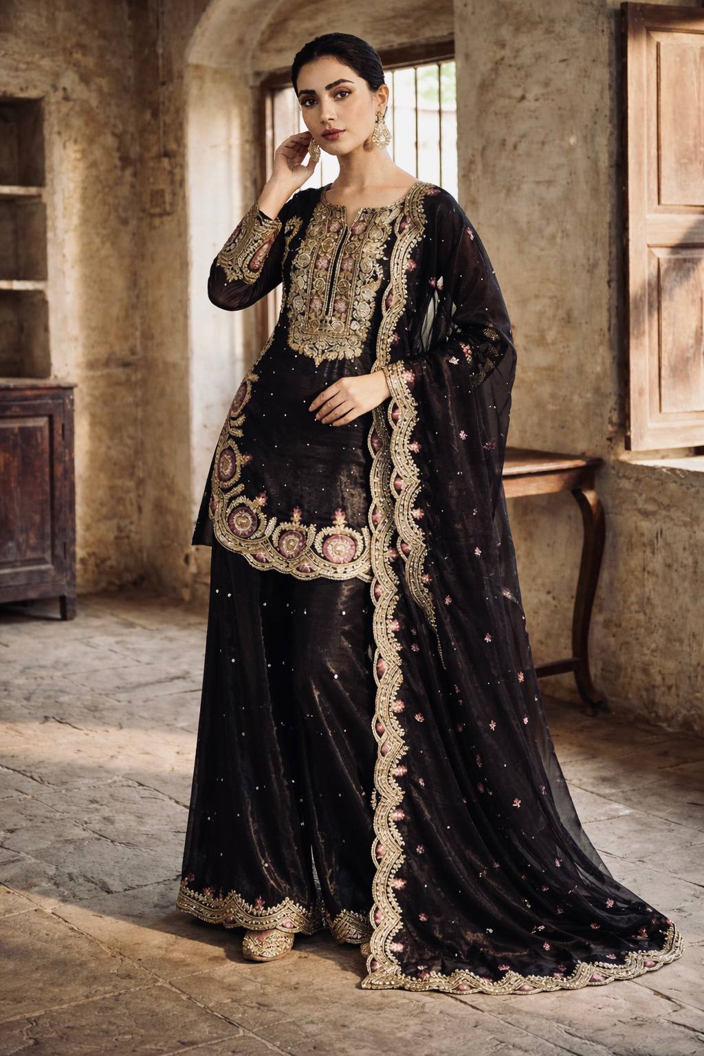 Royal GMY Silk Embroidered Kurta Palazzo Set with Moti Work ✨