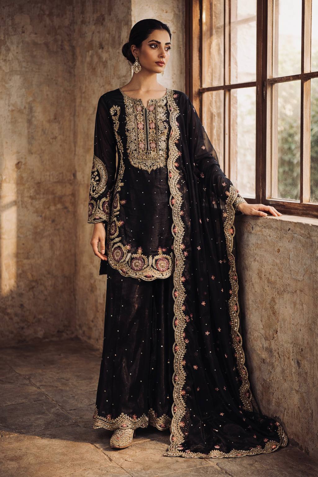 Royal GMY Silk Embroidered Kurta Palazzo Set with Moti Work ✨