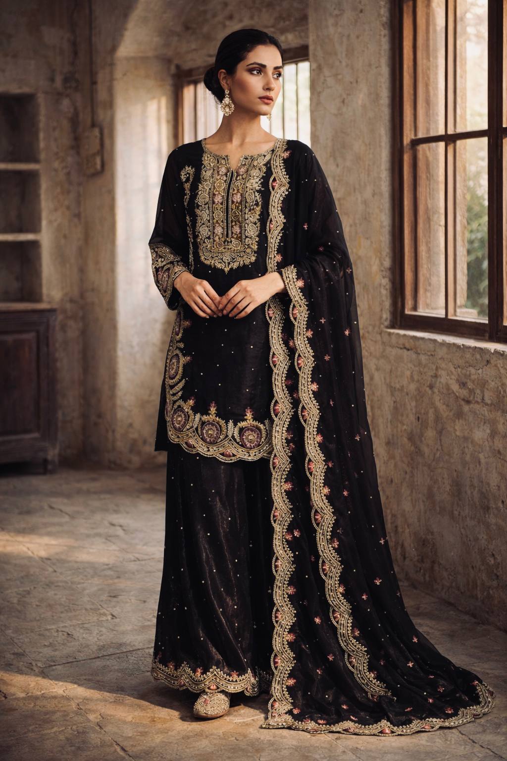 Royal GMY Silk Embroidered Kurta Palazzo Set with Moti Work ✨