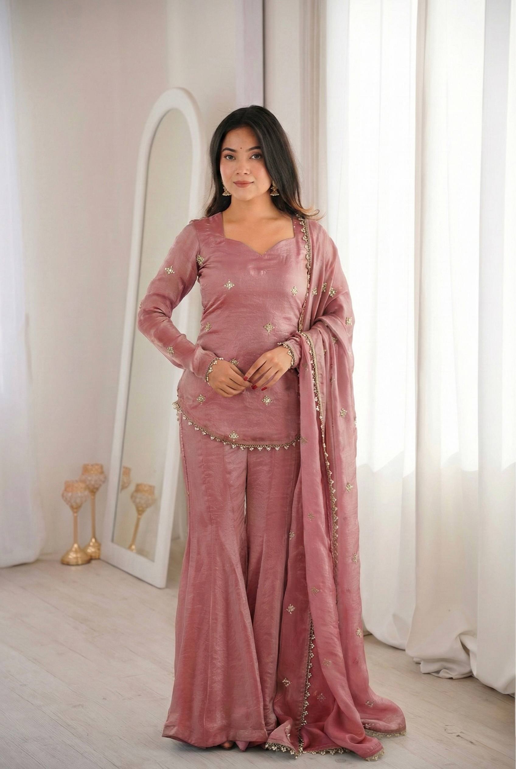 Festive Special Embroidered Fendy Silk Sharara Suit