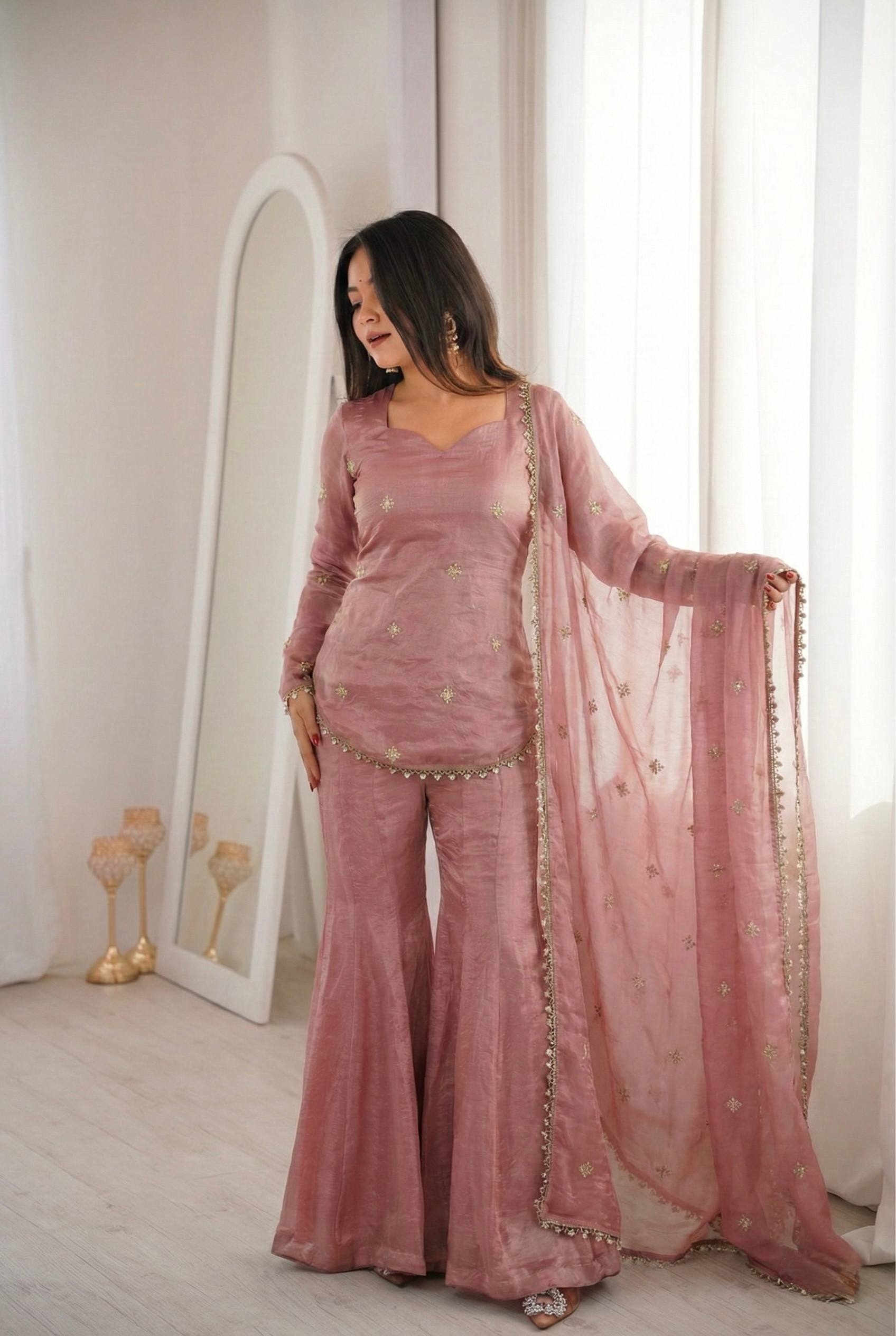 Festive Special Embroidered Fendy Silk Sharara Suit