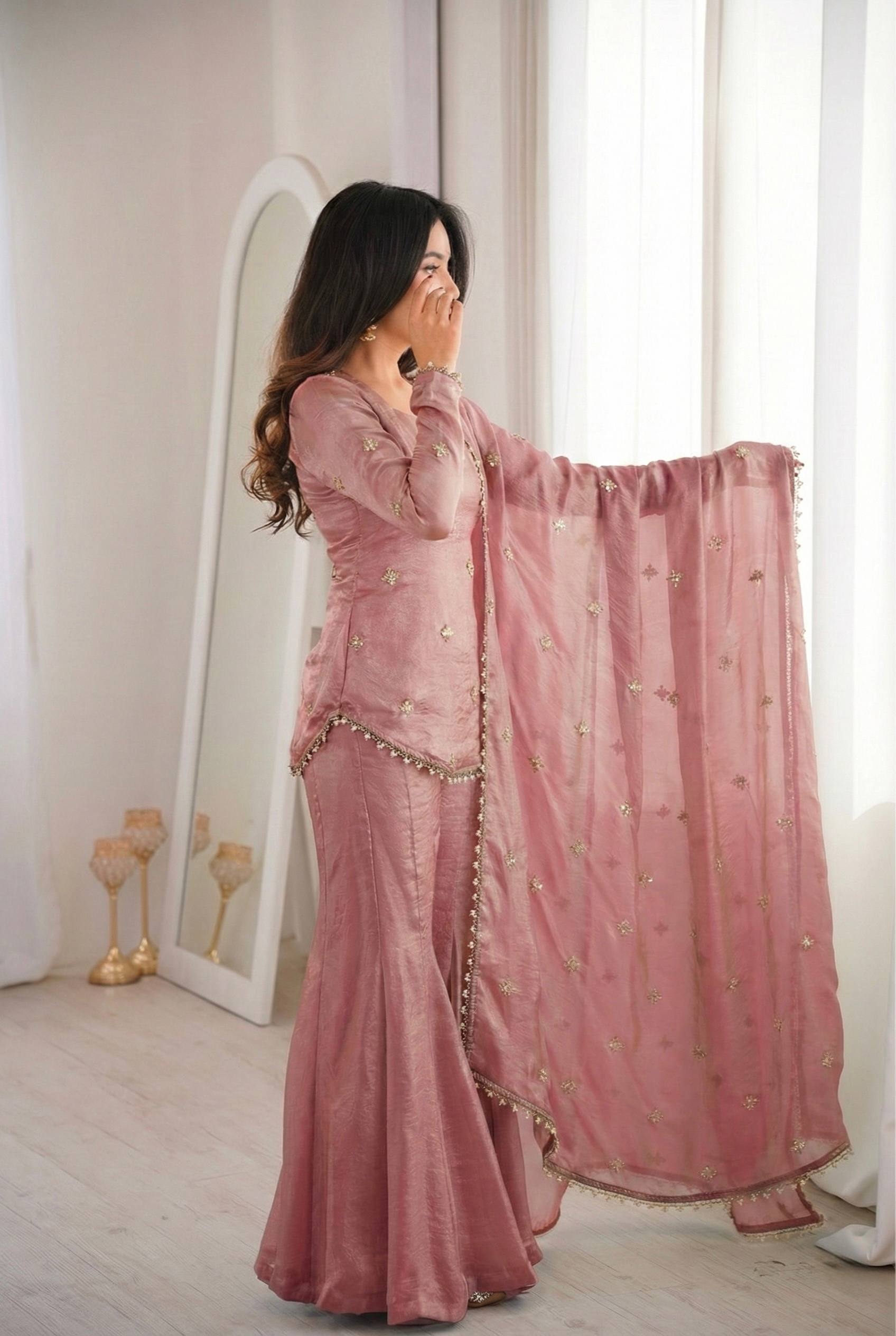Festive Special Embroidered Fendy Silk Sharara Suit