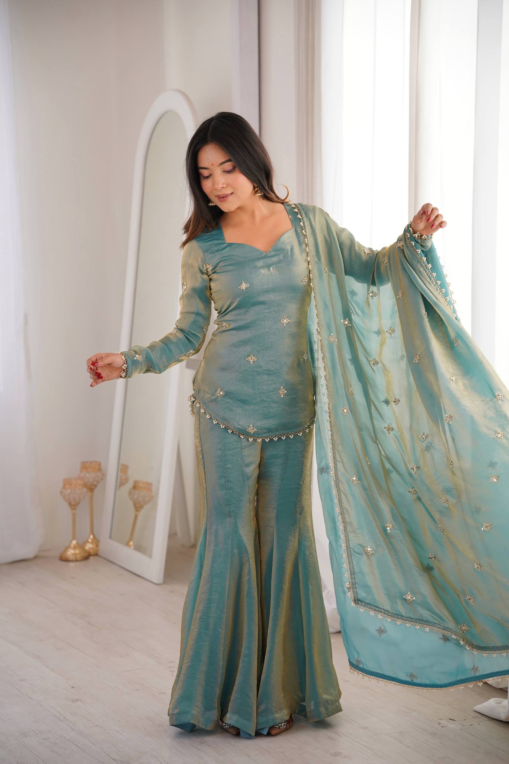 Festive Special Embroidered Fendy Silk Sharara Suit