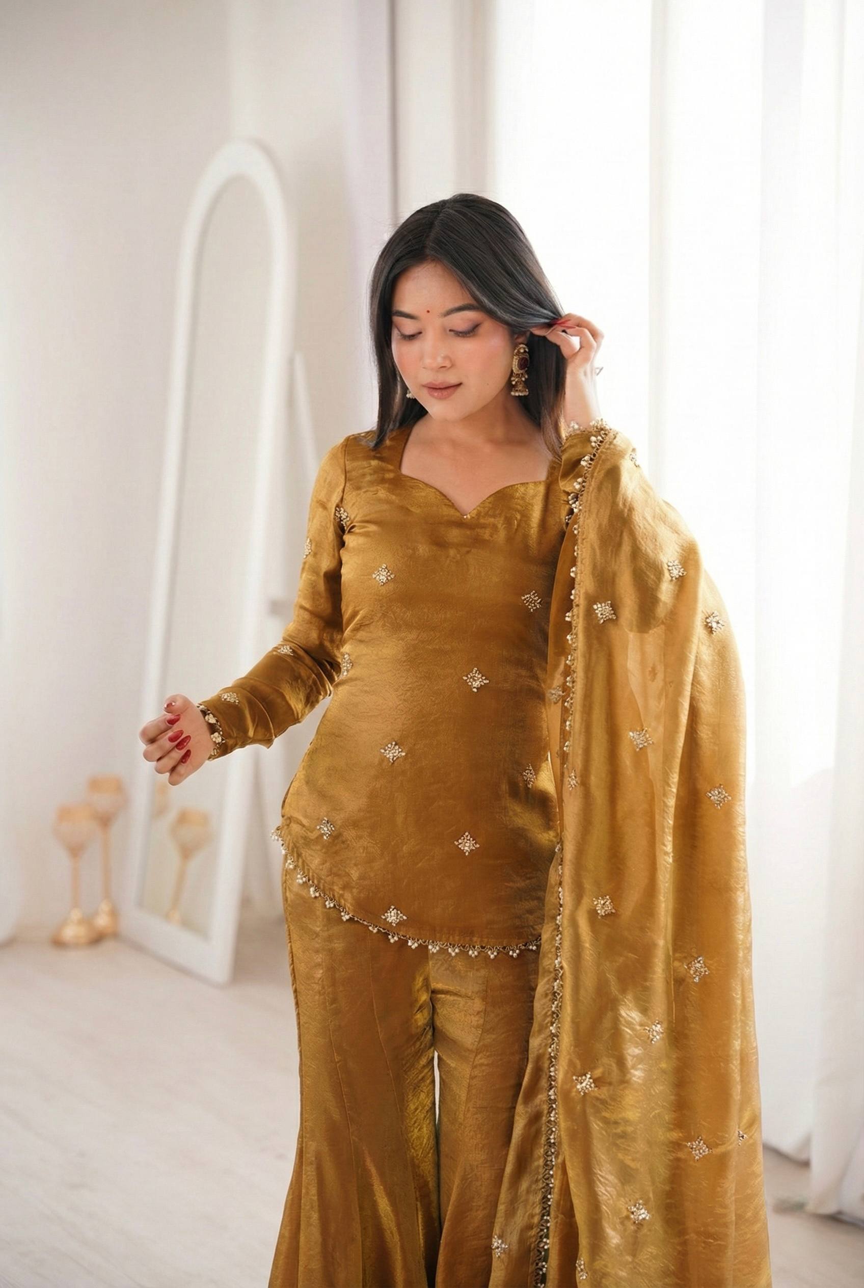 Festive Special Embroidered Fendy Silk Sharara Suit