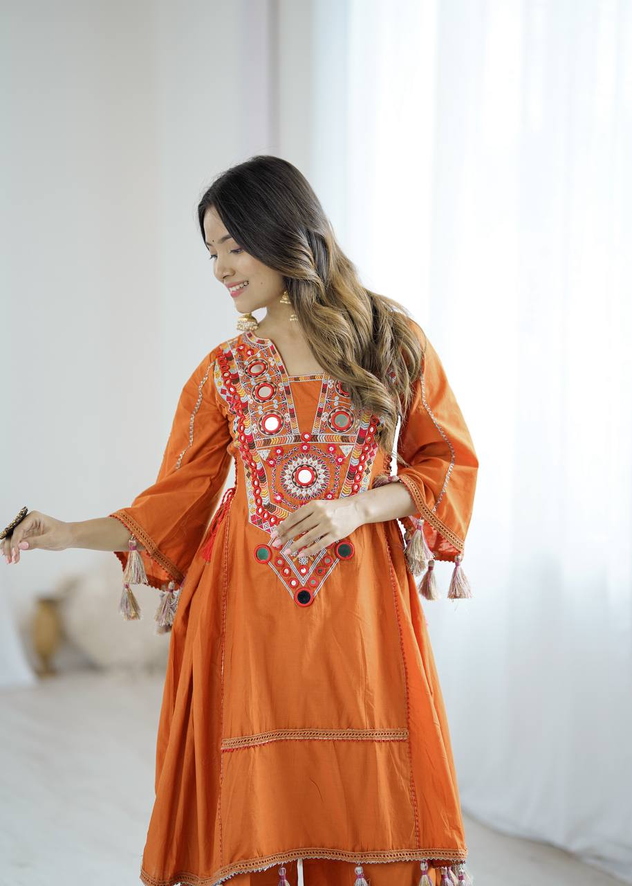 Designer Pure Khadi Cotton Kurta Palazzo Set with Mirror Embroidery