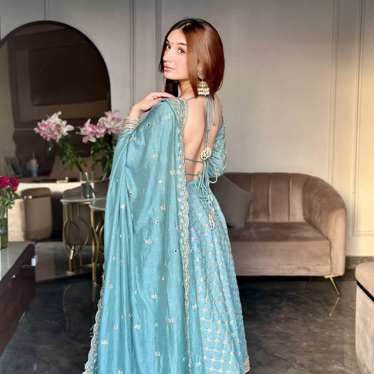 Women’s Ethnic Wear Heavy Georgette Embroidery Sequence Work Gown with Pant & Dupatta