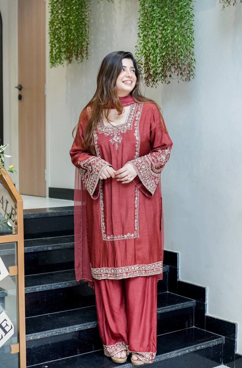 New Designer Chiffon Embroidery Work Set – Fully Stitched Ready-to-Wear Top, Plazzo Bottom & Dupatta for Women