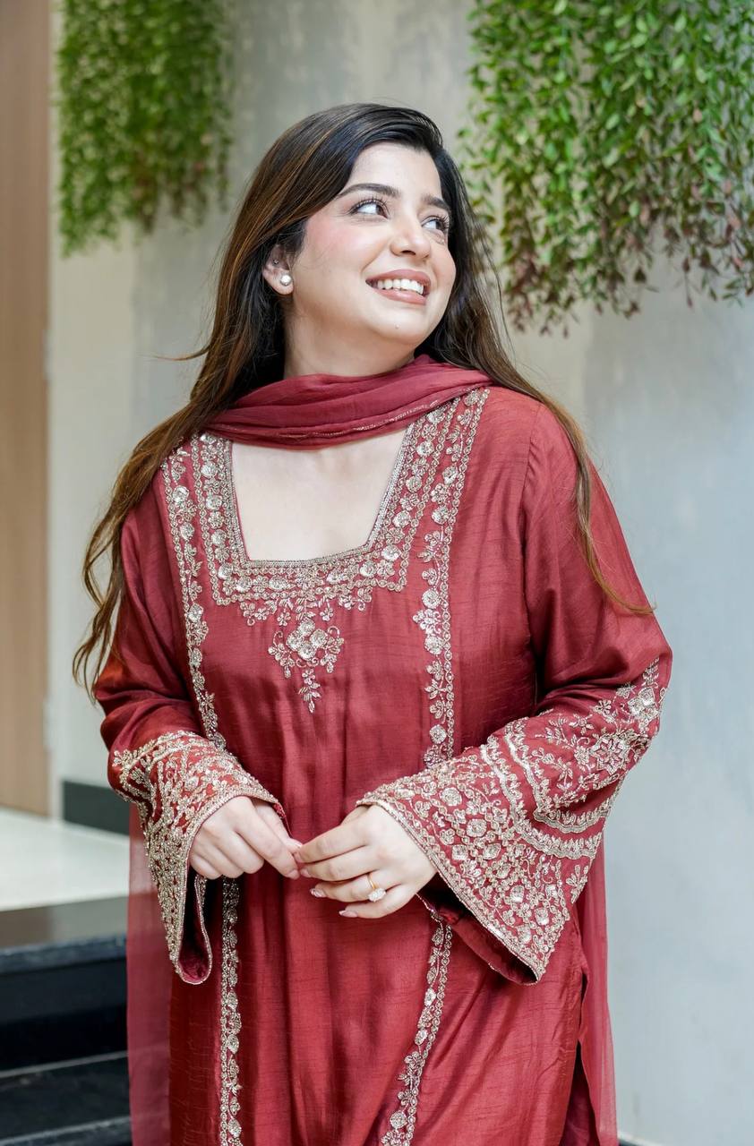 New Designer Chiffon Embroidery Work Set – Fully Stitched Ready-to-Wear Top, Plazzo Bottom & Dupatta for Women