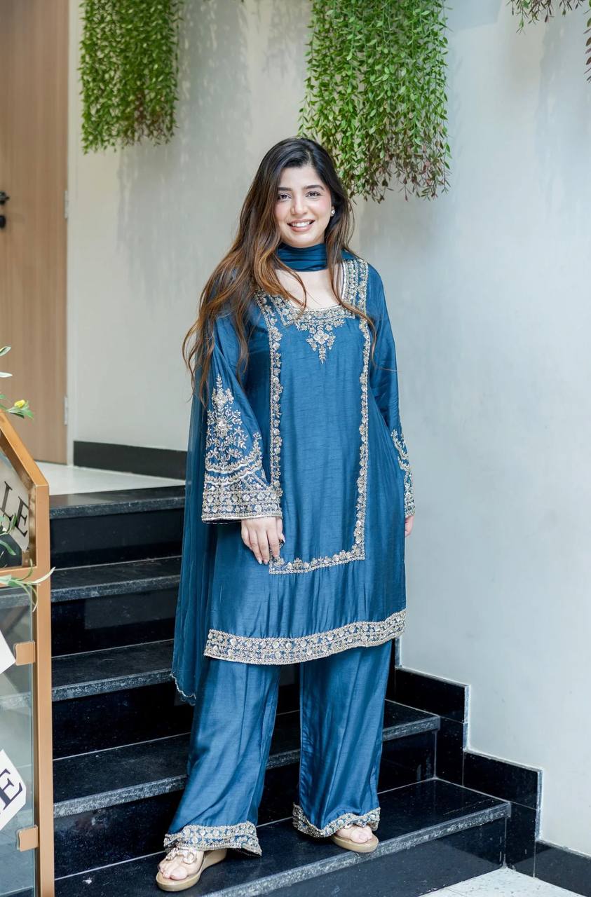 New Designer Chiffon Embroidery Work Set – Fully Stitched Ready-to-Wear Top, Plazzo Bottom & Dupatta for Women
