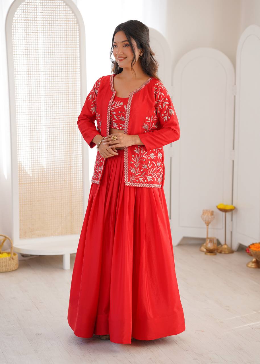 Red Colour Premium Heavy Chinon Silk Lehenga with Elegant Plain Finish