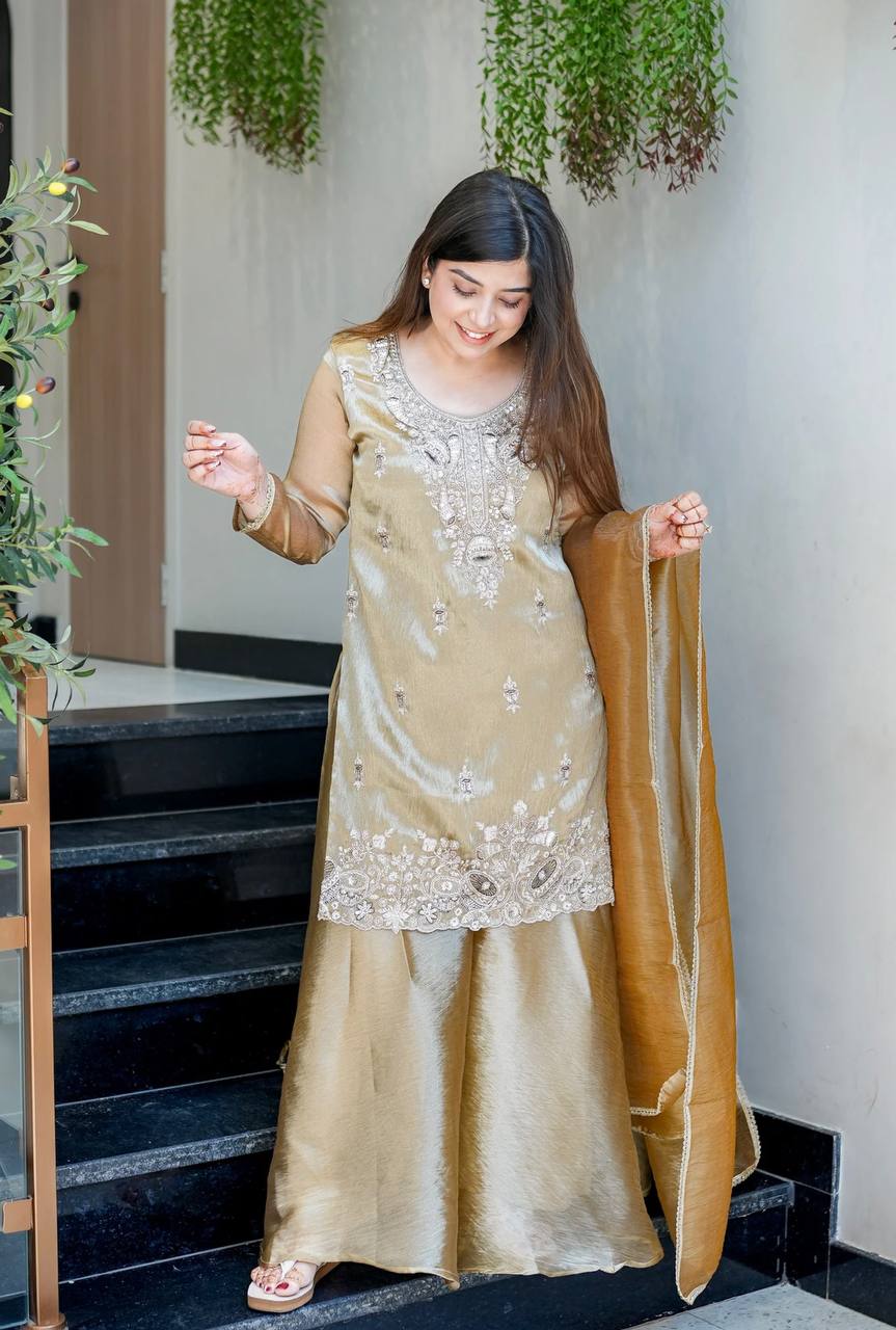 Pure Silky Silk Embroidered Top-Bottom-Dupatta Set