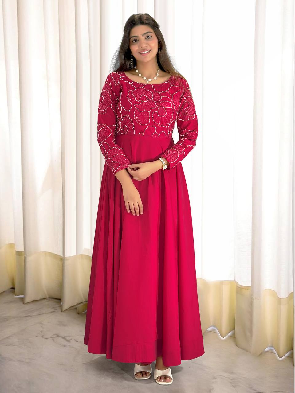 New Partywear Rani Pink Color Heavy Roman Silk Fancy thread embroidery Gown With Pant