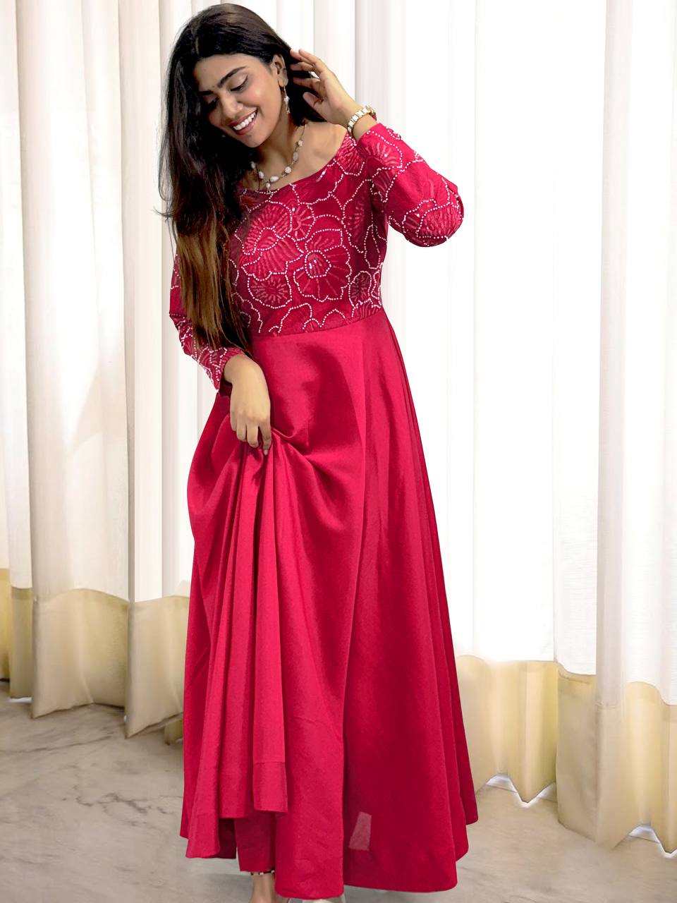 New Partywear Rani Pink Color Heavy Roman Silk Fancy thread embroidery Gown With Pant