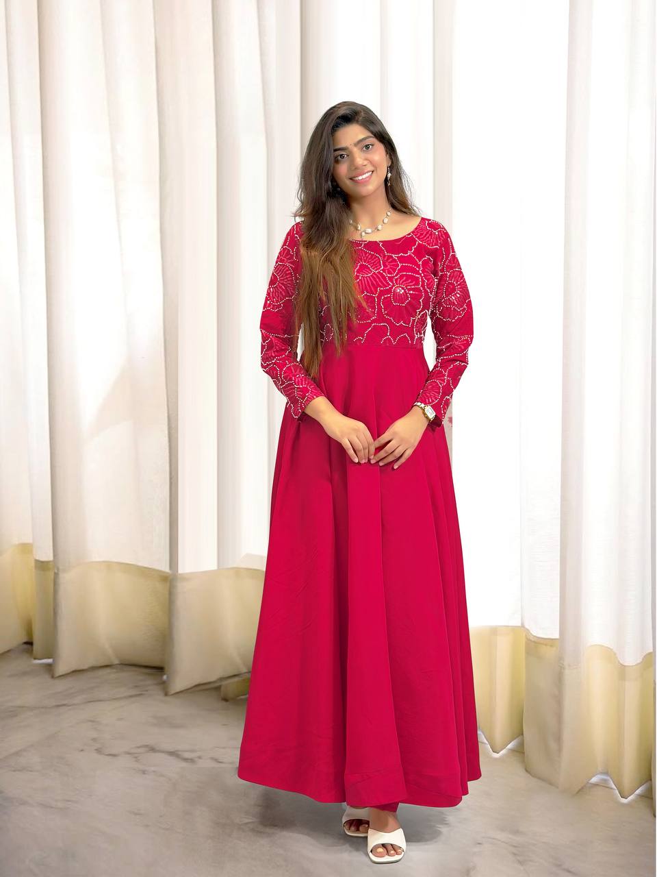 New Partywear Rani Pink Color Heavy Roman Silk Fancy thread embroidery Gown With Pant