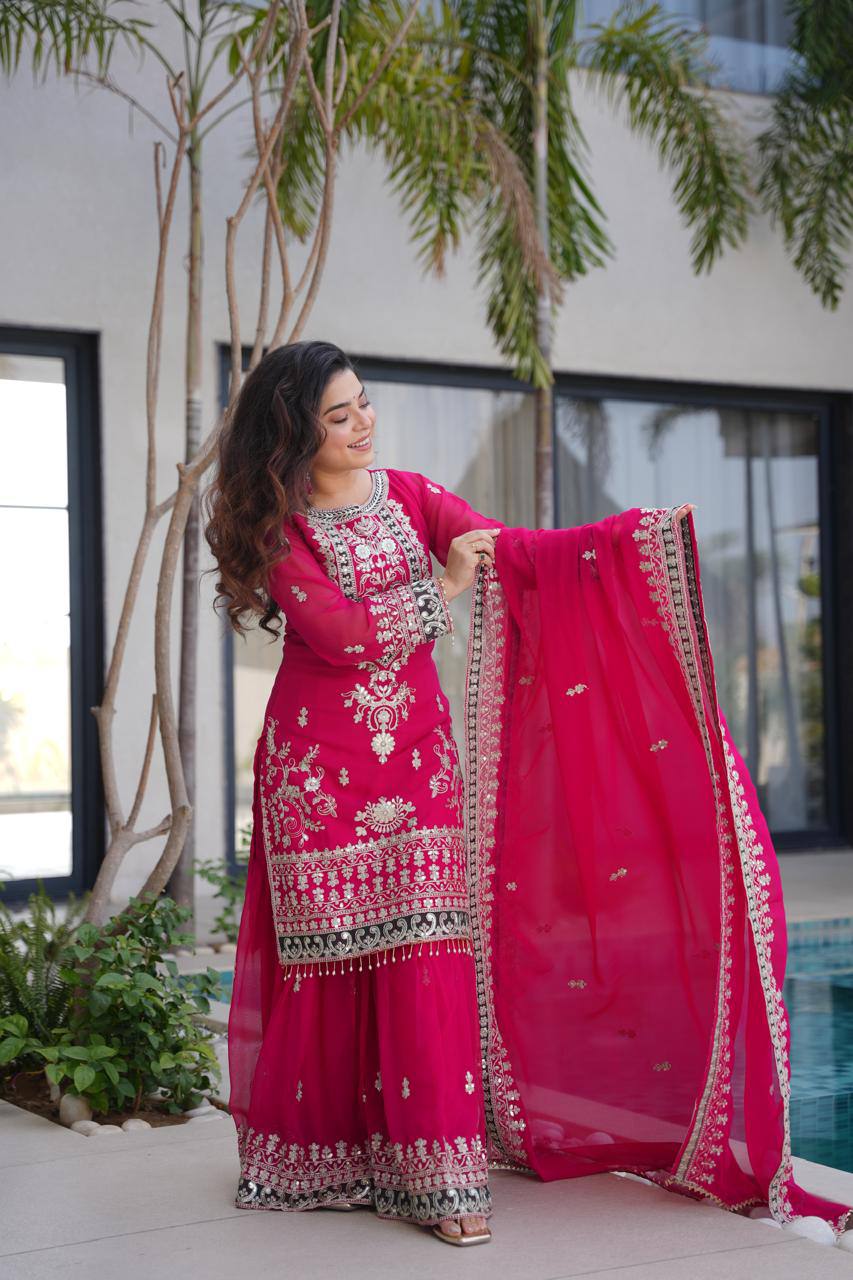 Rani Pink Royal Embroidered Kurta Palazzo Set with Dupatta