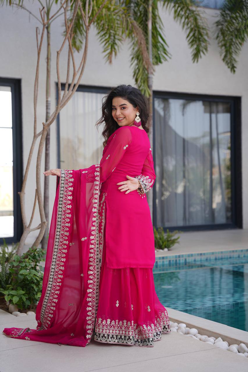 Rani Pink Royal Embroidered Kurta Palazzo Set with Dupatta