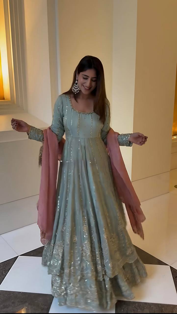 Mint Green Chinon Anarkali Set with Heavy Embroidery & Pink Dupatta