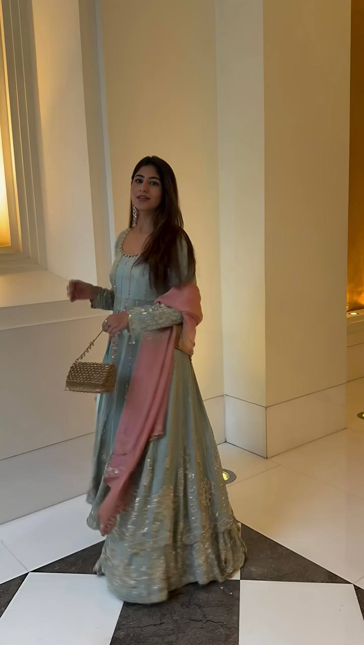 Mint Green Chinon Anarkali Set with Heavy Embroidery & Pink Dupatta