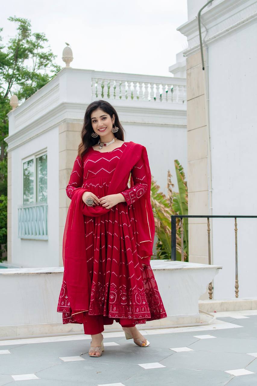 New PartyWear Beautiful Red Color Faux Georgette with all-over embroidery work Anarkali Set
