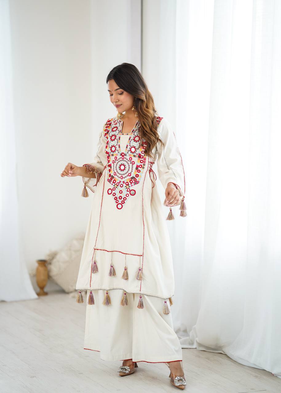 Designer Pure Khadi Cotton Kurta Palazzo Set with Mirror Embroidery