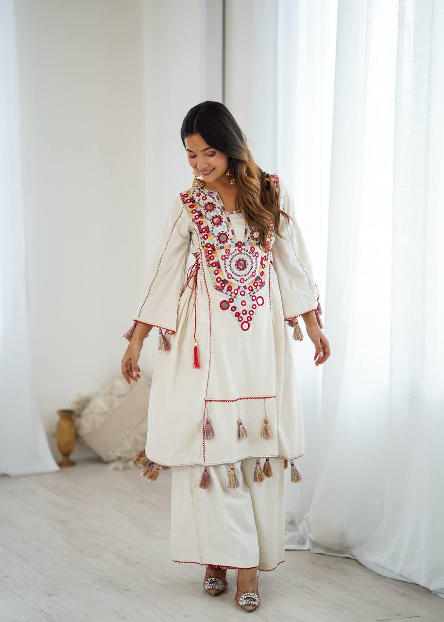Beautiful Navratri Special White Designer Pure Khadi Cotton Embroidery sequence work Kurta With Plazzo Set
