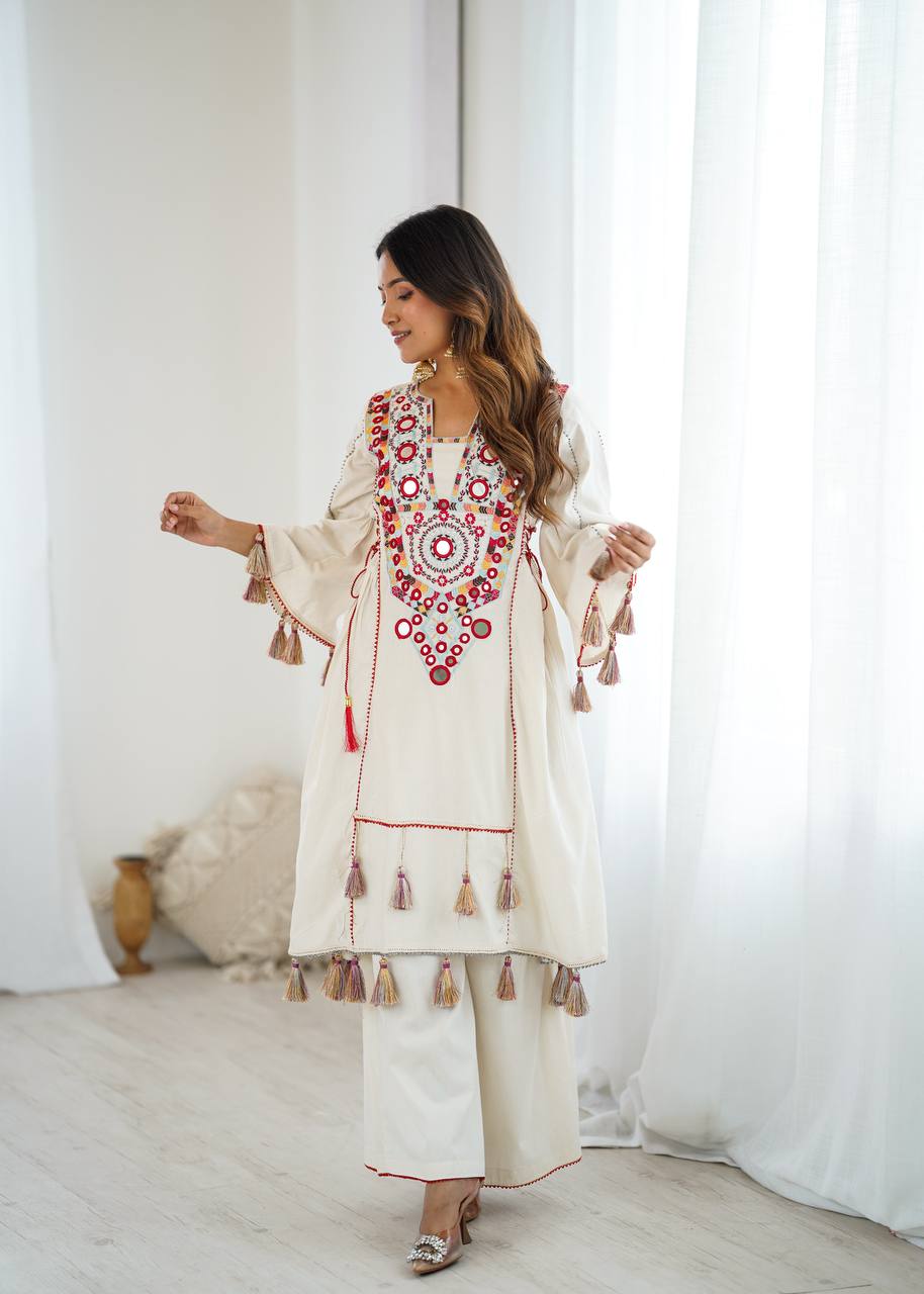 Beautiful Navratri Special White Designer Pure Khadi Cotton Embroidery sequence work Kurta With Plazzo Set