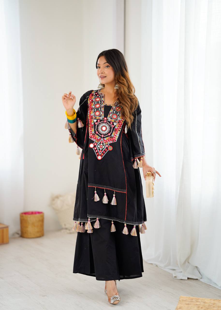 Designer Pure Khadi Cotton Kurta Palazzo Set with Mirror Embroidery