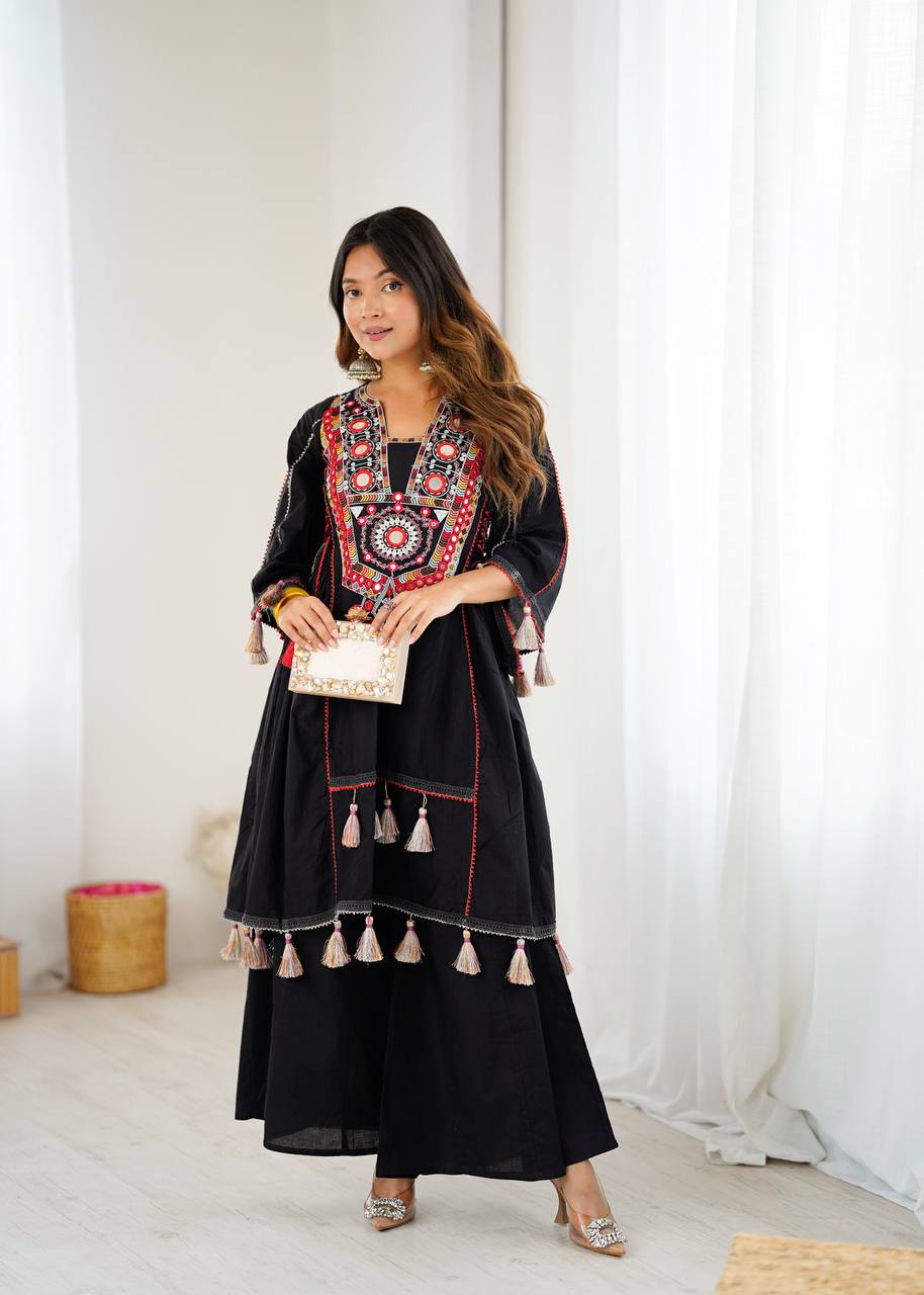 Designer Pure Khadi Cotton Kurta Palazzo Set with Mirror Embroidery